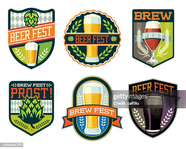 ilustrações, clipart, desenhos animados e ícones de logotipo do beer and brew fest, crachá e escudo - cervejaria