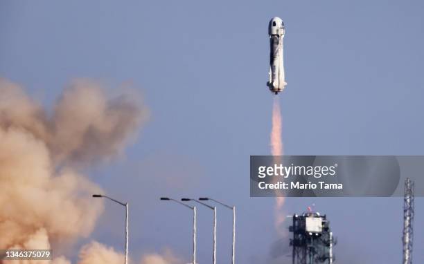 Blue Origin’s New Shepard lifts off from the launch pad carrying 90-year-old Star Trek actor William Shatner and three other civilians on October 13,...
