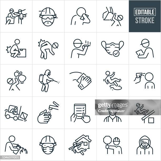 bildbanksillustrationer, clip art samt tecknat material och ikoner med workplace health and safety thin line icons - editable stroke - cleaning