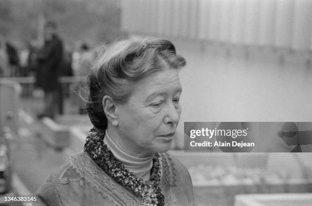 French writer, existentialist philosopher, political activist, and feminist Simone de Beauvoir during the Bobigny Abortion Trial.