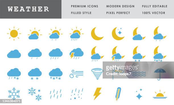 illustrazioni stock, clip art, cartoni animati e icone di tendenza di meteo - set di icone 32 - stile riempito a due colori - extreme weather
