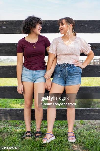 young female same sex couple standing together by pasture fence - naast stockfoto's en -beelden