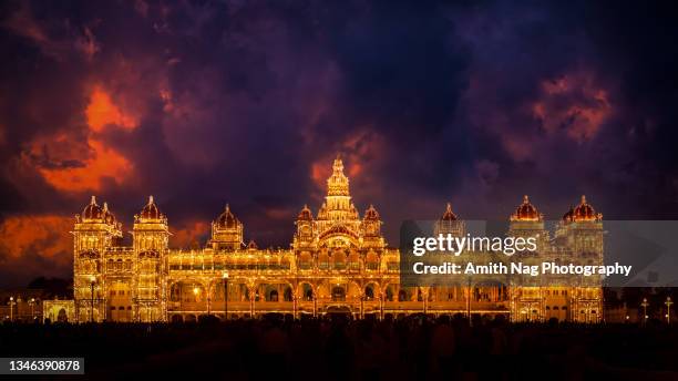 the royal mysore palace decked up for dasara - peace palace stock-fotos und bilder