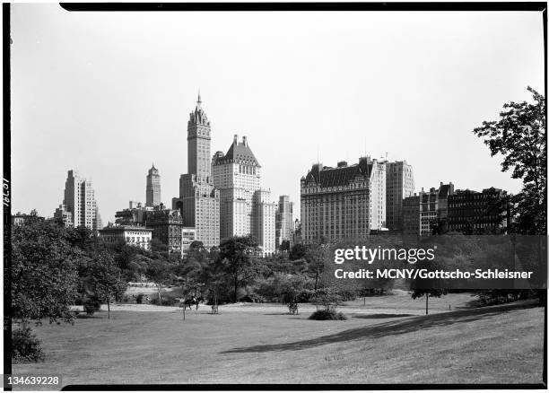 City view from Central Park looking southeast from the left: the Ritz tower, the Sherry-Netherland Hotel, the Savoy-Plaza Hotel, the Plaza Hotel and...
