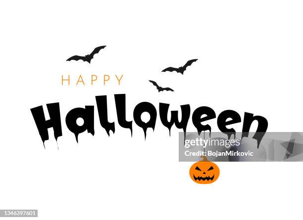 halloween card with melting text, pumpkin and flying bats. vector - halloween font stock illustrations