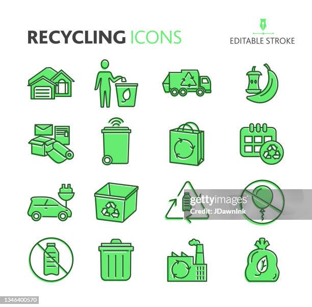 recycling and environmental conservation icon set - editable stroke - plastic bin isolated stock illustrations