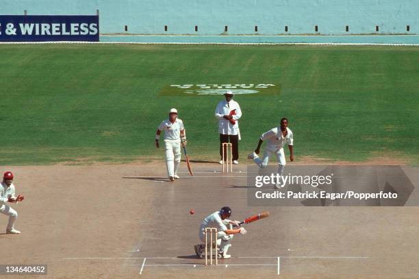 Courtney Walsh bowls bouncer to Michael Atherton, Alec Stewart at other end, West Indies v England, 1st Test, Kingston, Feb 94.