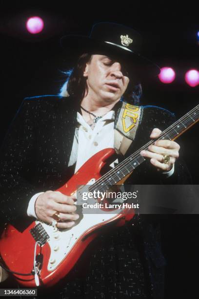 Stevie Ray Vaughan is performing at the Community Center in Sacramento, CA on July 2. 1987.