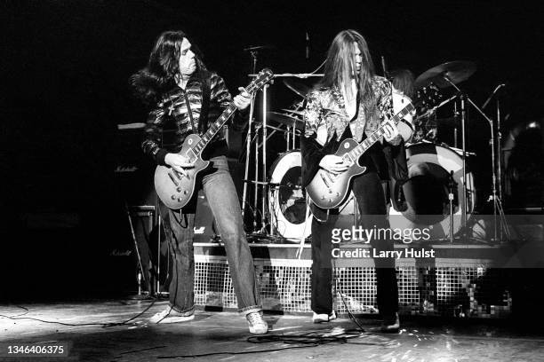 Gary Moore and Scott Gorham of Thin Lizzy are performing at the Memorial Auditorium in Sacramento, Calif, on March 8, 1977.