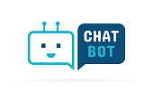 Chatbot character. Cute Bot with speech bubble sign. Chatbot logo design. Bot for online consultation and support service. Flat vector illustration