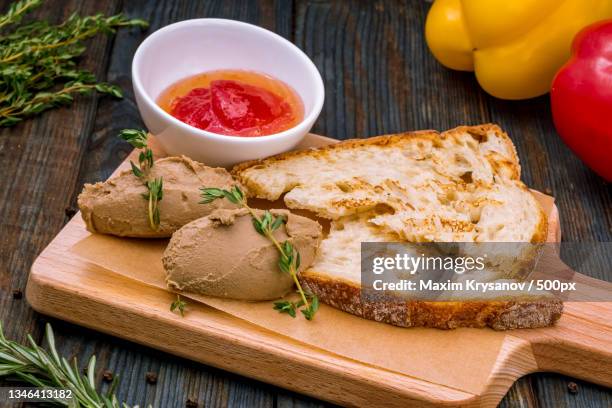 high angle view of food on cutting board - chopped-liver stock pictures, royalty-free photos & images
