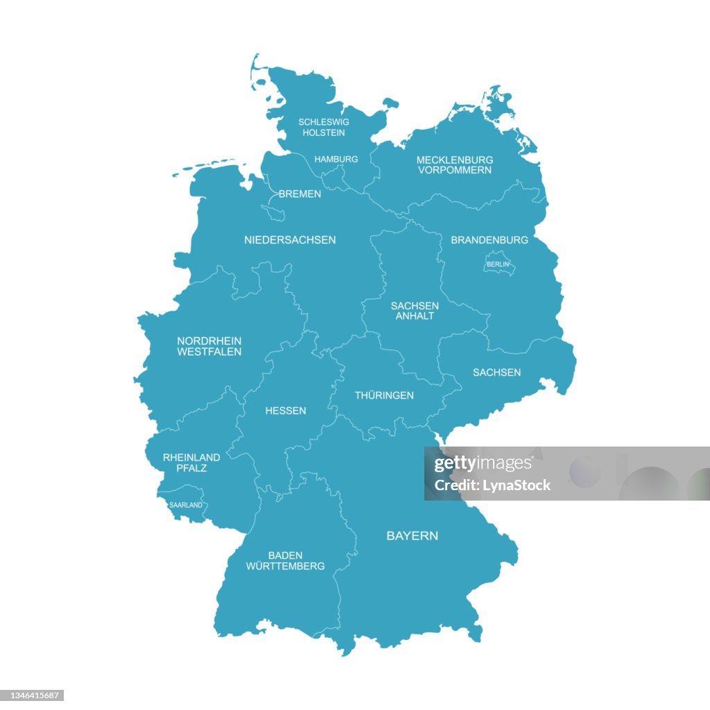 The detailed map of Germany with regions. Vector illustration isolated on white background. Administrative territory of the country.