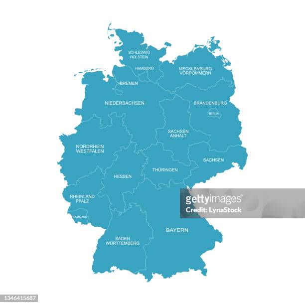 the detailed map of germany with regions. vector illustration isolated on white background. administrative territory of the country. - german stock illustrations