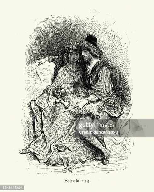 illustrations, cliparts, dessins animés et icônes de jeune couple médiéval amoureux, prince et princesse, romance, pet lap dog - gustave-dore-caricatures-gustave-dore
