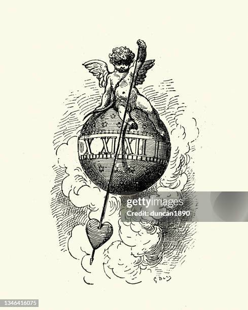stockillustraties, clipart, cartoons en iconen met cupid's clock of love, time sphere - gustave dore