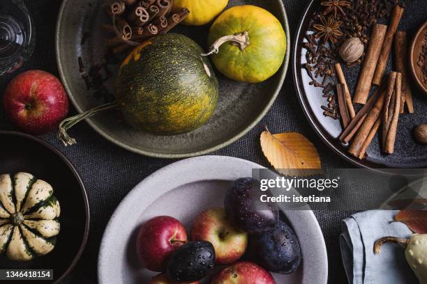 occasions. thanksgiving day autumnal still life - moments daily life from above imagens e fotografias de stock