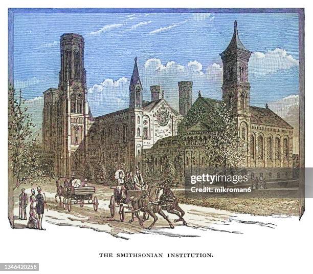 old engraved illustration of the smithsonian institution building, washington, dc 20560, united states - smithsonian institution stock-fotos und bilder