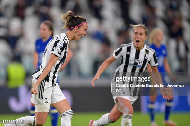 Barbara Bonansea of Juventus women celebrates after scoring his team's first goal during the UEFA Women's Champions League group A match between...