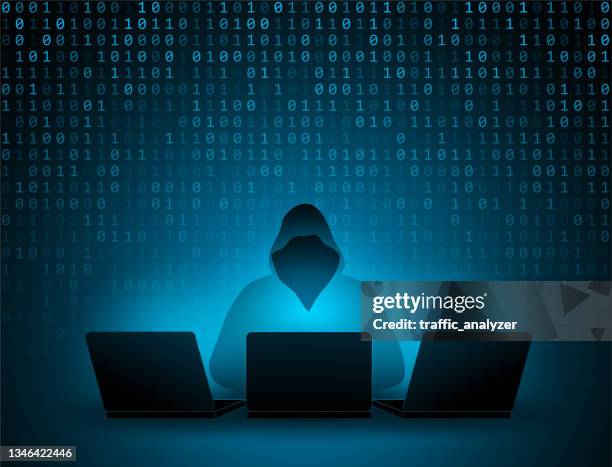 hacker in a hoodie - laptop dark background stock illustrations