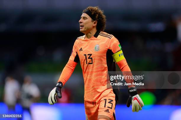 Guillermo Ochoa, goalkeeper of Mexico reacts during the match between Mexico and Honduras as part of the Concacaf 2022 FIFA World Cup Qualifier at...