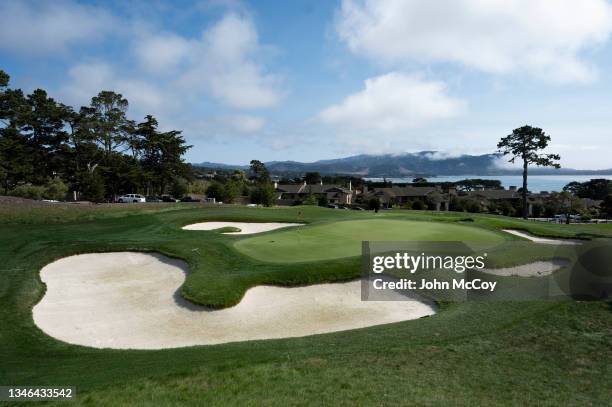 The second hole on the Hay golf course designed by Tiger Woods is a replica of the seventh hole at Pebble Beach seen on September 27, 2021 in...