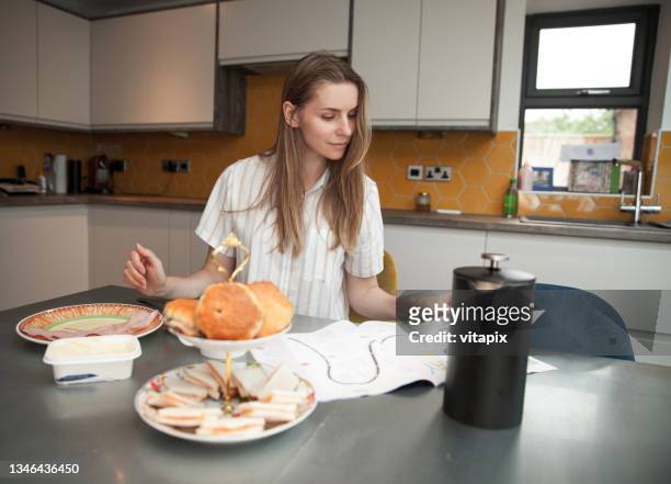 woman having a breakfast - magazine spread stock pictures, royalty-free photos & images