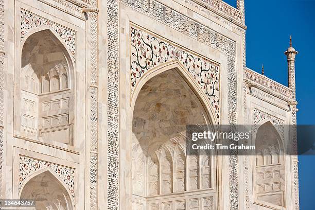 Iwans of The Taj Mahal mausoleum, southern view detail diamond facets with bas relief marble, Uttar Pradesh, India