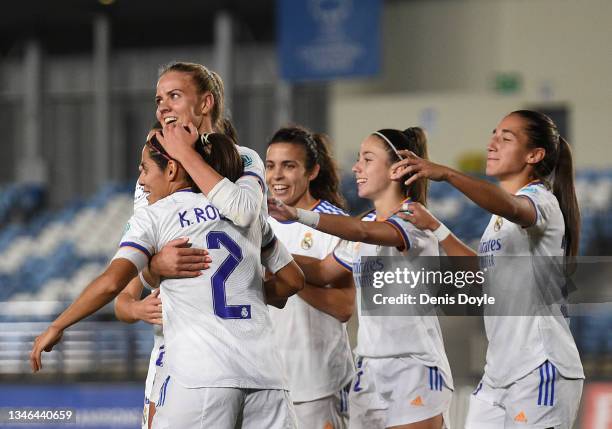 Caroline Møller of Real Madrid celebrates with Kenti Robles of Real Madrid after scoring the third goal during the UEFA Women's Champions League...