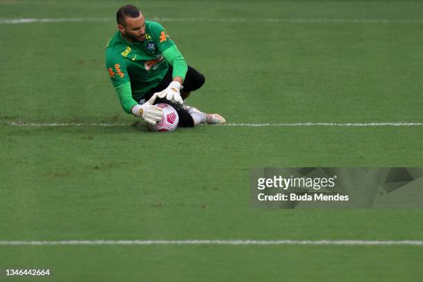 Goalkeeper Weverton in action during a Brazil's training session at Amazonia Arena on October 13, 2021 in Manaus, Brazil.