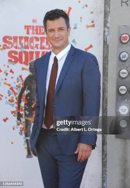 Nathan Fillion arrives for the Warner Bros. Premiere Of "The Suicide Squad" held at The Landmark Westwood on August 2, 2021 in Los Angeles,...