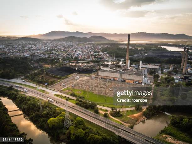 aerial view of a mineral coal thermoelectric power plant - static electricity stock pictures, royalty-free photos & images