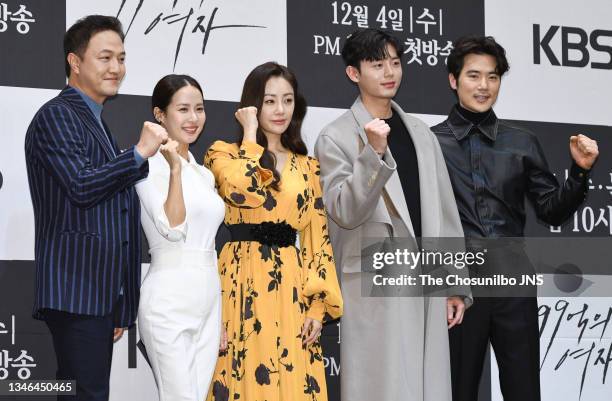 Actor Jung Woong-In, actress Cho Yeo-Jeong, Oh Na-Ra, actor Lee Ji-Hoon, Kim Kang-Woo attend the press conference for KBS drama 'Woman of 9.9...