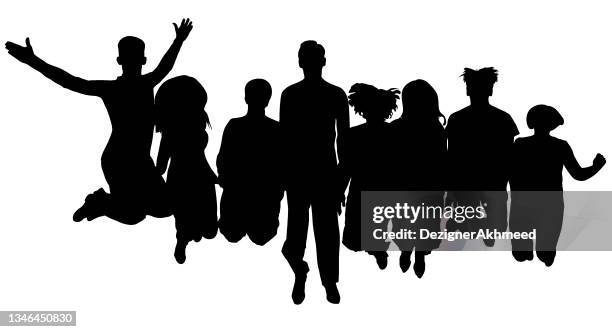 stockillustraties, clipart, cartoons en iconen met silhouettes of a group of people in a jump - 30 39 jaar