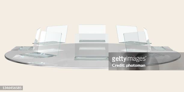 side view on isometric design of vectorial transparent round table and open laptops - round table discussion stock pictures, royalty-free photos & images