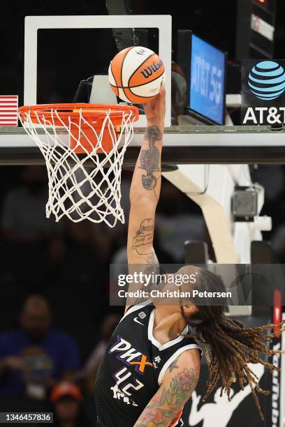 Brittney Griner of the Phoenix Mercury slam dunks the ball against the Chicago Sky during the first half in Game Two of the 2021 WNBA Finals at...