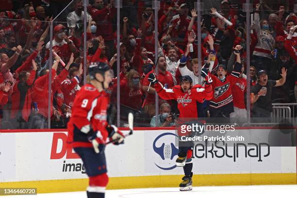 Alex Ovechkin of the Washington Capitals celebrates his second goal of the third period against the New York Rangers at Capital One Arena on October...