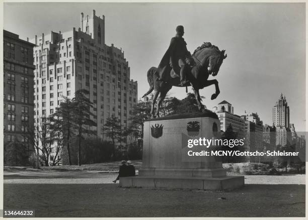 View of the bronze statue of South American liberator Simon Bolivar by Sally James Farnham at its first location on Central Park West and 83rd...