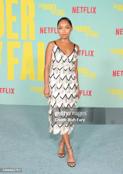 Logan Browning attends the Los Angeles premiere of "The Harder They Fall" at Shrine Auditorium and Expo Hall on October 13, 2021 in Los Angeles,...