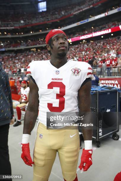 Jaquiski Tartt of the San Francisco 49ers on the sidelines before the game against the Arizona Cardinals at State Farm Stadium on October 10, 2021 in...