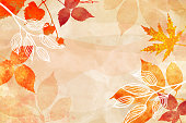 Autumn background watercolor painting, maple leaves in red and yellow, painted fall leaves and floral botanical design elements on border texture. Wedding invites or website header abstract art