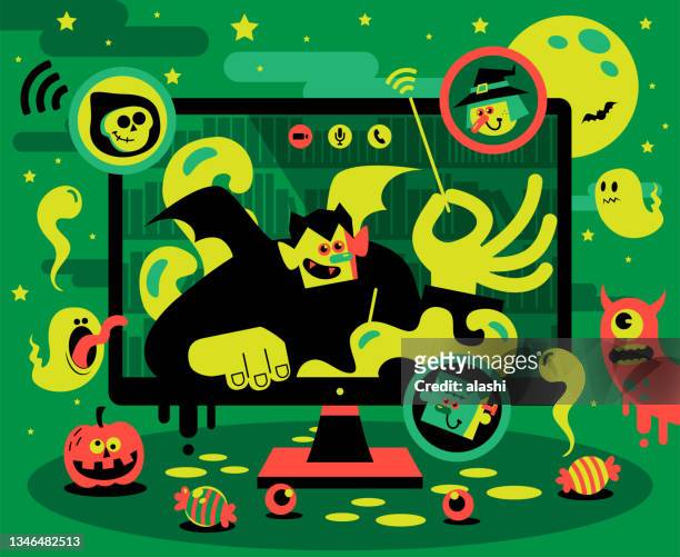 vampire, frankenstein, death, and witch using the computer for e-learning or enjoying the virtual halloween party - presentation party stock illustrations