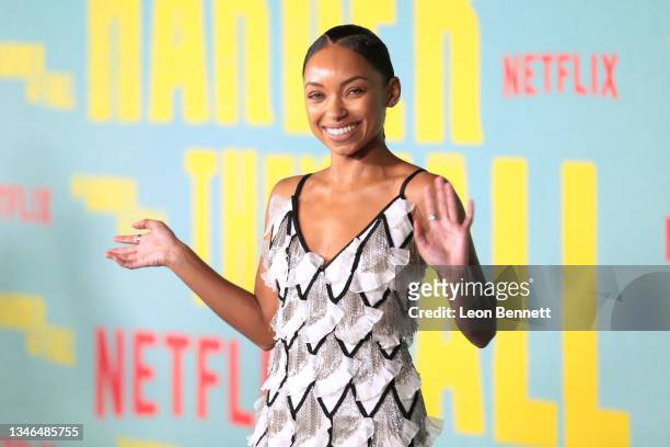 Logan Browning attends Los Angeles Premiere Of "The Harder They Fall" at Shrine Auditorium and Expo Hall on October 13, 2021 in Los Angeles,...