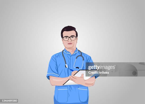 male nurse writing on clipboard over white background - male nurse stock illustrations