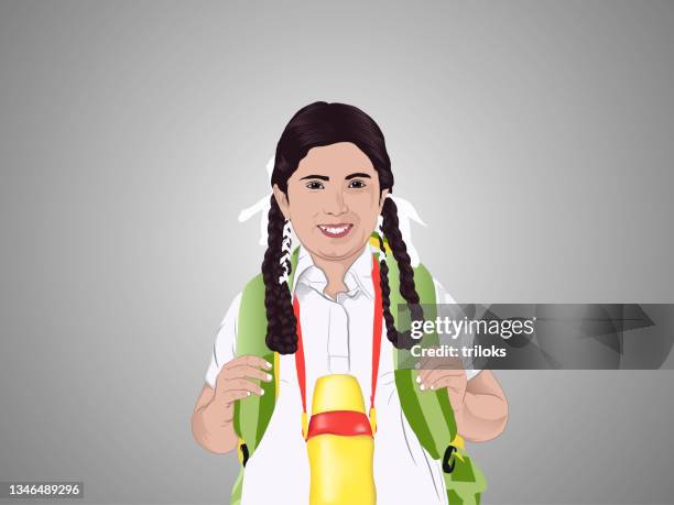 happy schoolgirl over white background - asian and indian ethnicities 幅插畫檔、美工圖案、卡通及圖標