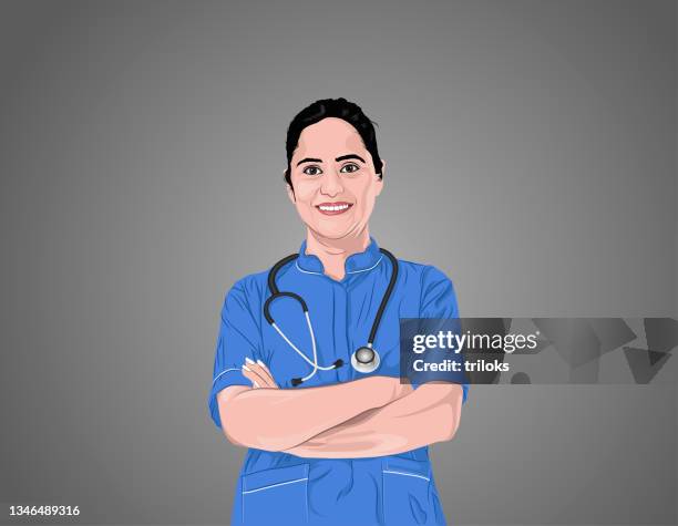 ilustraciones, imágenes clip art, dibujos animados e iconos de stock de enfermera segura de sí misma con los brazos cruzados - asistente de enfermera