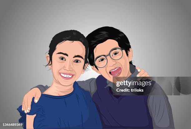 excited brother and sister looking at camera over white background - indian family stock illustrations