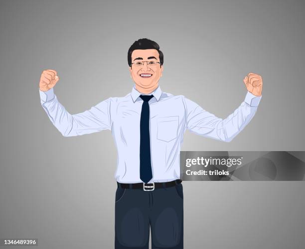 enthusiastic businessman flexing his muscles - shirt and tie stock illustrations