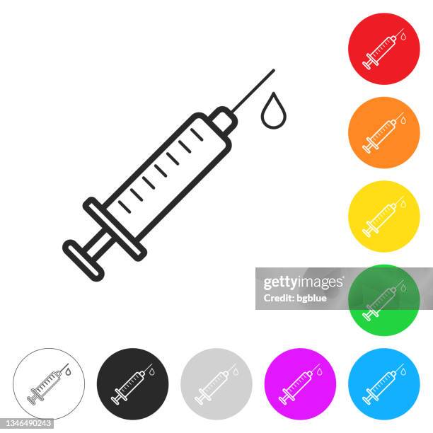 syringe injection - vaccination. flat icons on buttons in different colors - blood sample label stock illustrations