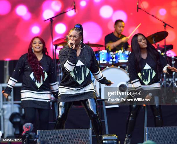 Leanne "Lelee" Lyons, Tamara "Taj" Johnson-George and Coko Clemons of SWV perform onstage during day 1 of 2021 ONE Musicfest at Centennial Olympic...