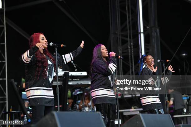 Leanne "Lelee" Lyons, Coko Clemons, and Tamara "Taj" Johnson-George of SWV perform onstage during day 1 of 2021 ONE Musicfest at Centennial Olympic...
